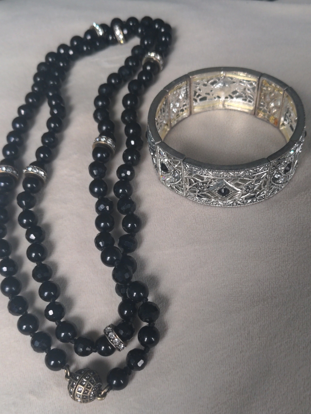 Elegant Black Onyx Beaded Necklace Silver Filigree Bangle, Crystal Accents